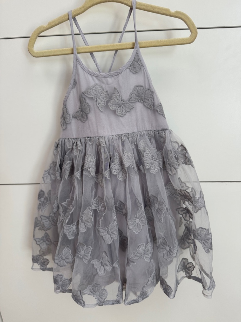 Girls' Gray Butterfly Embroidered Tulle Dress